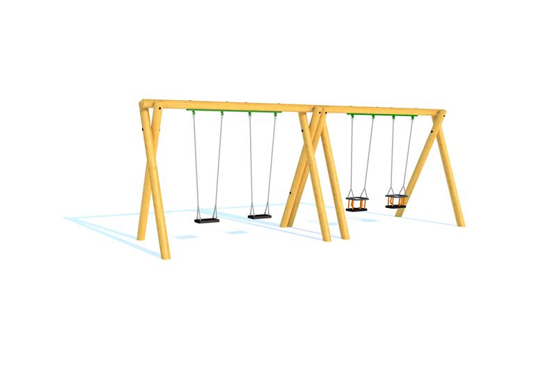 Technical render of a Timber Swing (2.4M) with Two Flat Seats and Two Cradle Seats